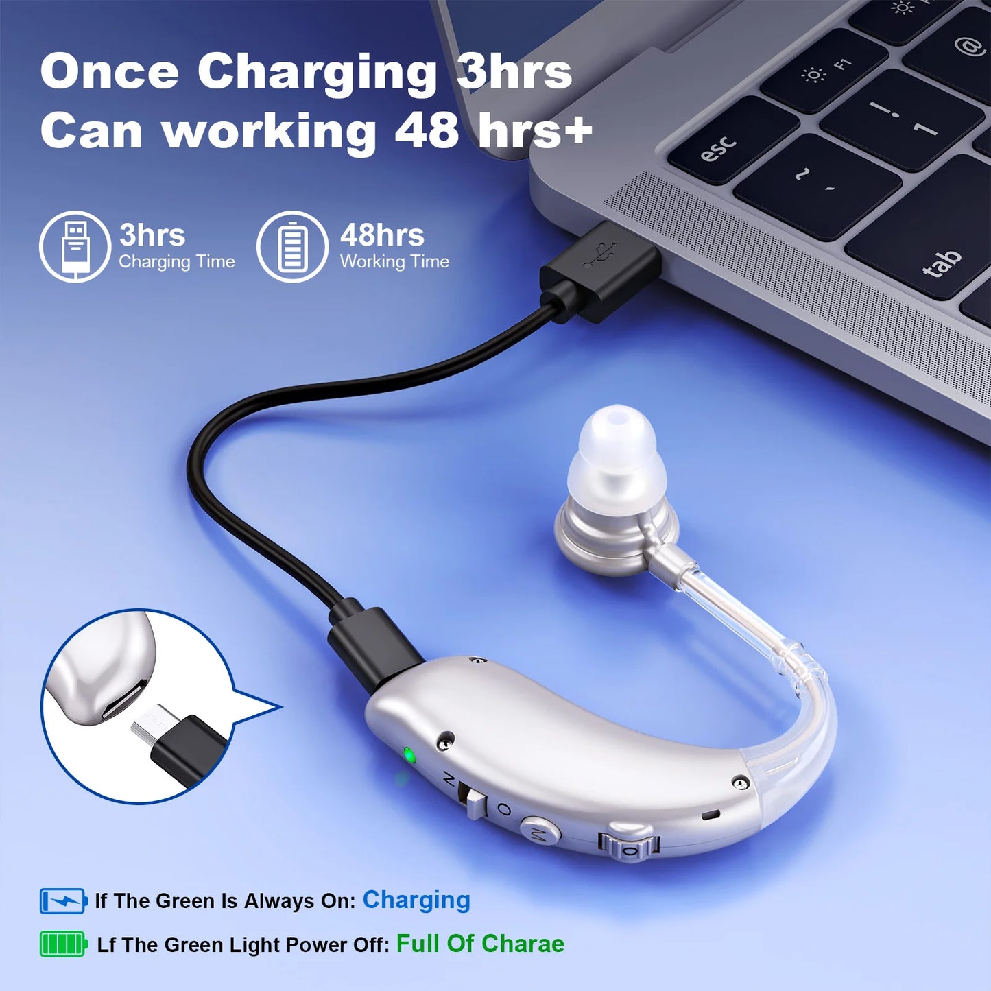 Rechargeable Invisible Hearing Aid | Noise-Canceling Behind-the-Ear Amplifier