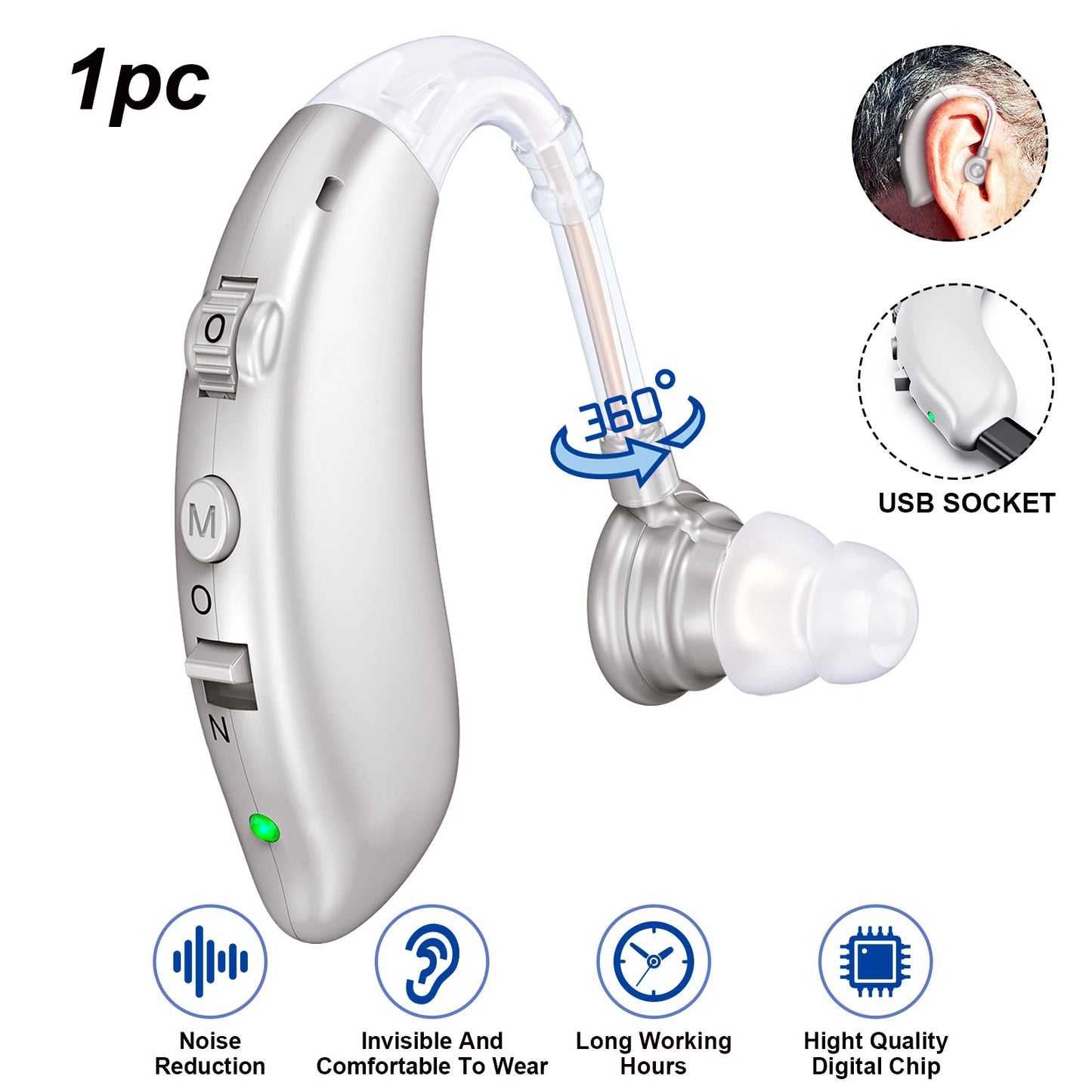 Rechargeable Invisible Hearing Aid | Noise-Canceling Behind-the-Ear Amplifier