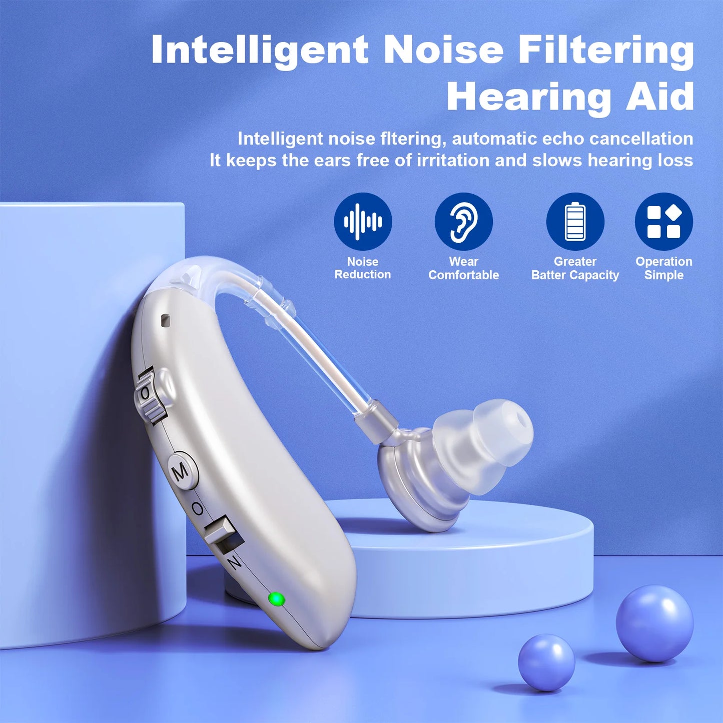 Rechargeable Invisible Hearing Aid | Noise-Canceling Behind-the-Ear Amplifier